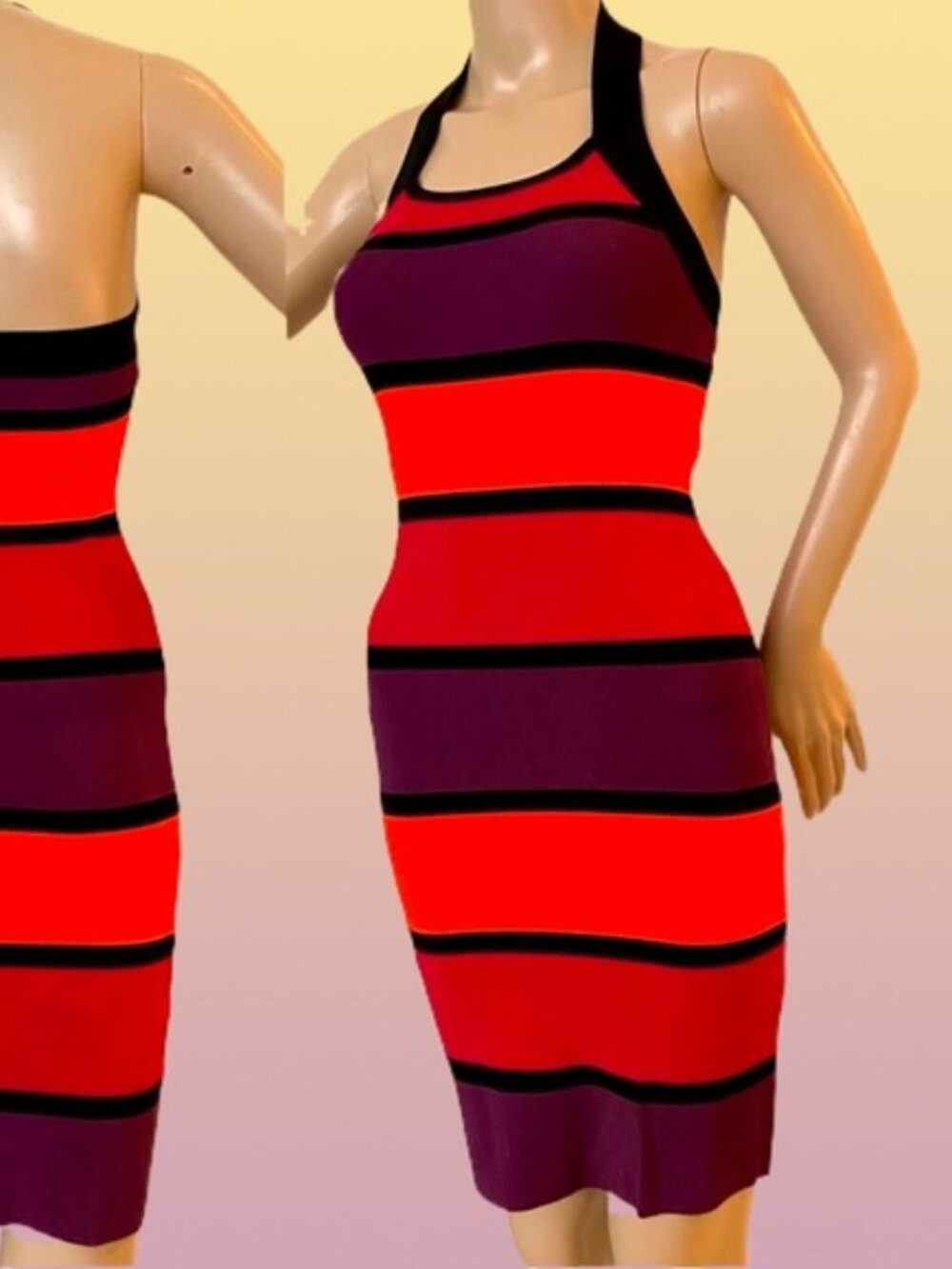 Express Purple Orange Pink Stripe Halter Stretch Cocktail Dress Zips Packable XS